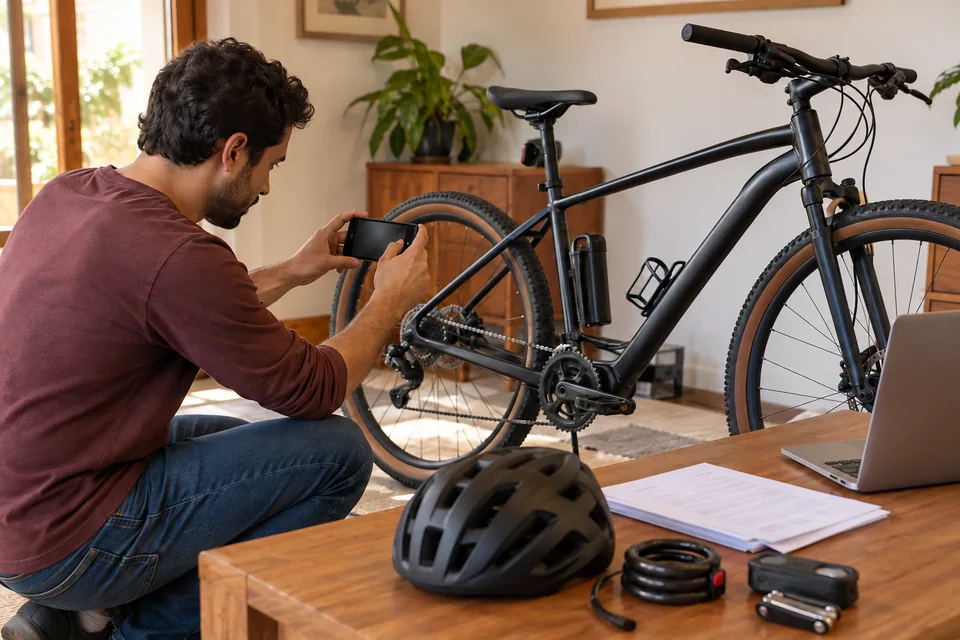 Homem verificando a roda de uma bicicleta, com capacete e documentos ao lado. Ilustração sobre seguro de bicicleta.