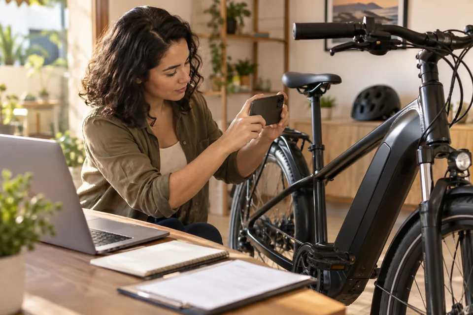 Mulher usando o celular para conferir uma bicicleta elétrica. Ilustração sobre seguro de bicicleta elétrica.