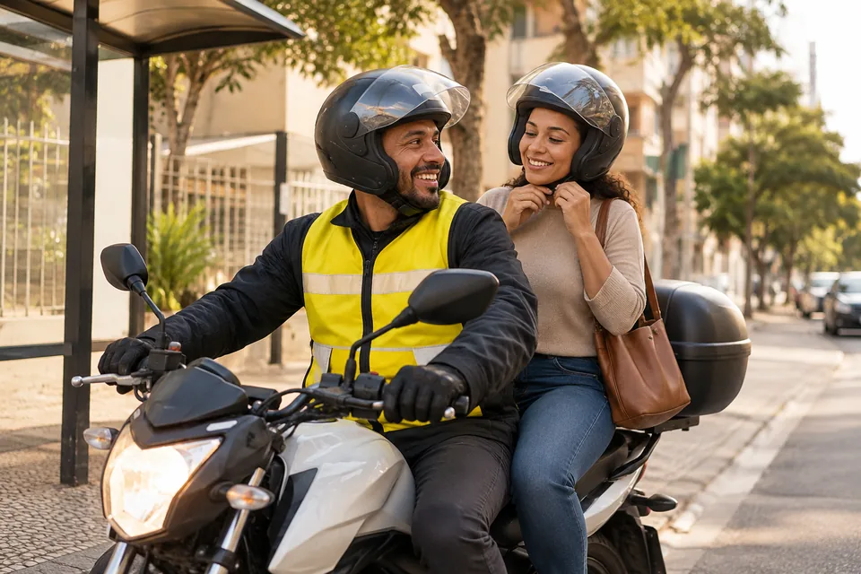 Motociclista e passageira com capacetes sobre uma moto. Ilustração sobre seguro para mototaxista.