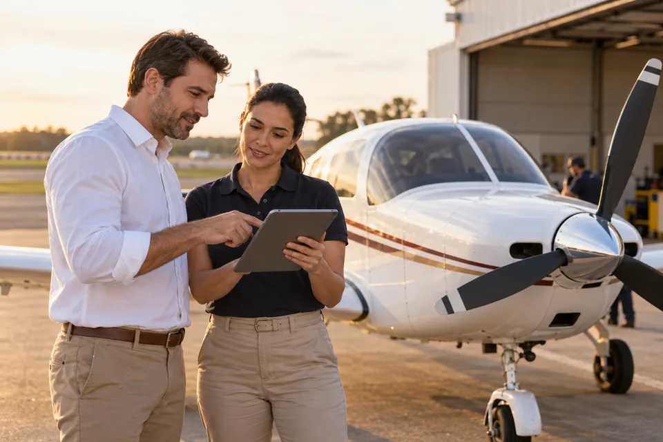 Profissionais conferindo informações no tablet ao lado de uma aeronave. Ilustração sobre seguro de aeronave.