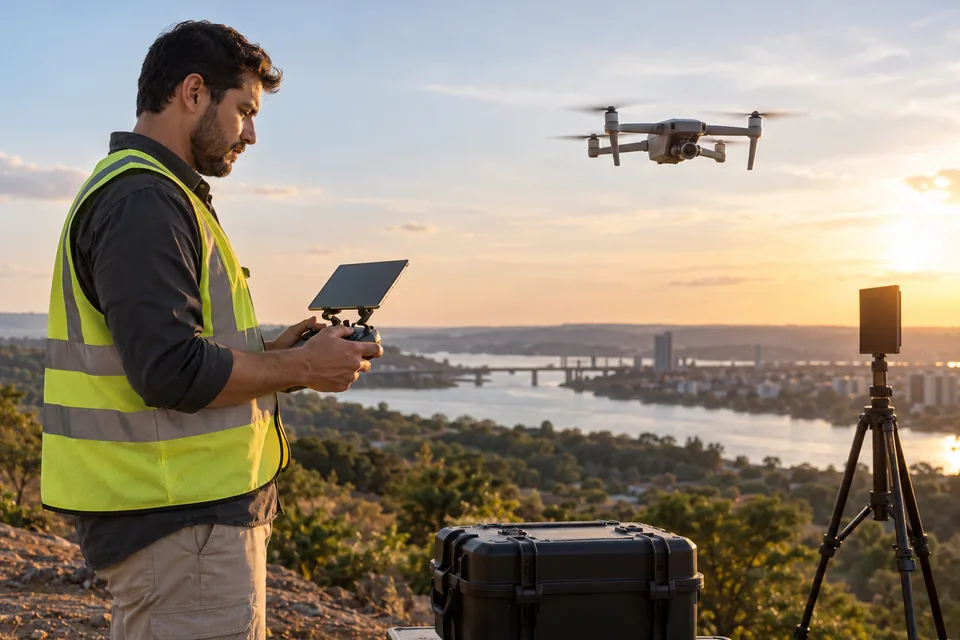 Operador pilotando um drone junto a equipamentos de trabalho. Ilustração sobre seguro de drone.
