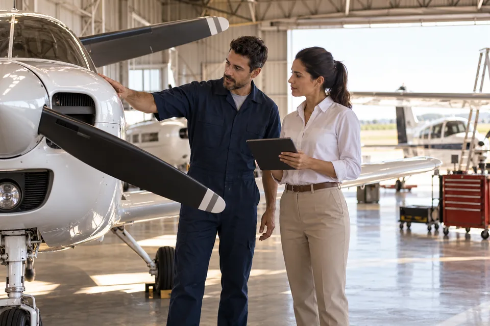Profissionais observando uma aeronave dentro de um hangar. Ilustração sobre seguro de hangar.