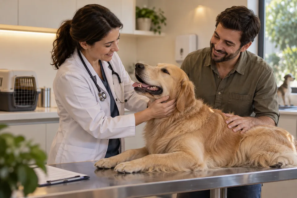 Veterinária examinando um cachorro com o tutor ao lado. Ilustração sobre seguro de saúde para pets.