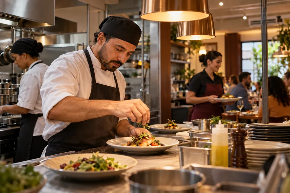 Cozinheiro preparando pratos na cozinha de um restaurante. Ilustração sobre seguro para bares e restaurantes.