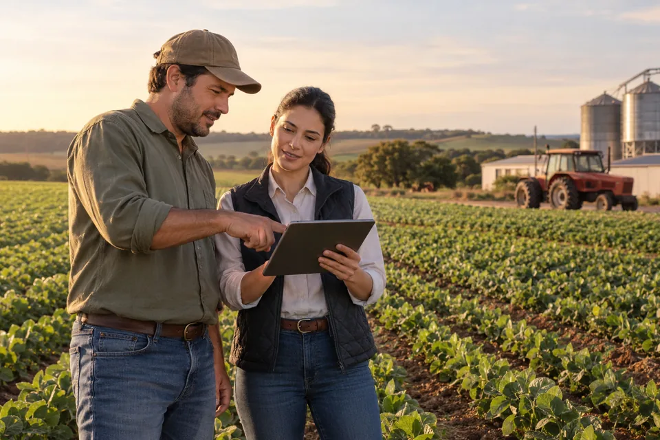 Agricultor e consultora conferindo um tablet na plantação. Ilustração sobre seguro agrícola.
