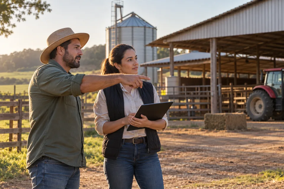 Agricultor e consultora observando as instalações de uma propriedade rural. Ilustração sobre seguro de benfeitorias rurais.