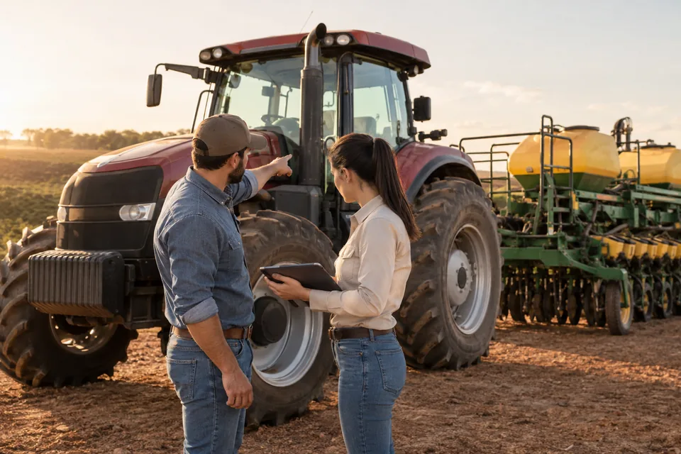 Agricultor e consultora verificando um trator e outros equipamentos. Ilustração sobre seguro de máquinas agrícolas.