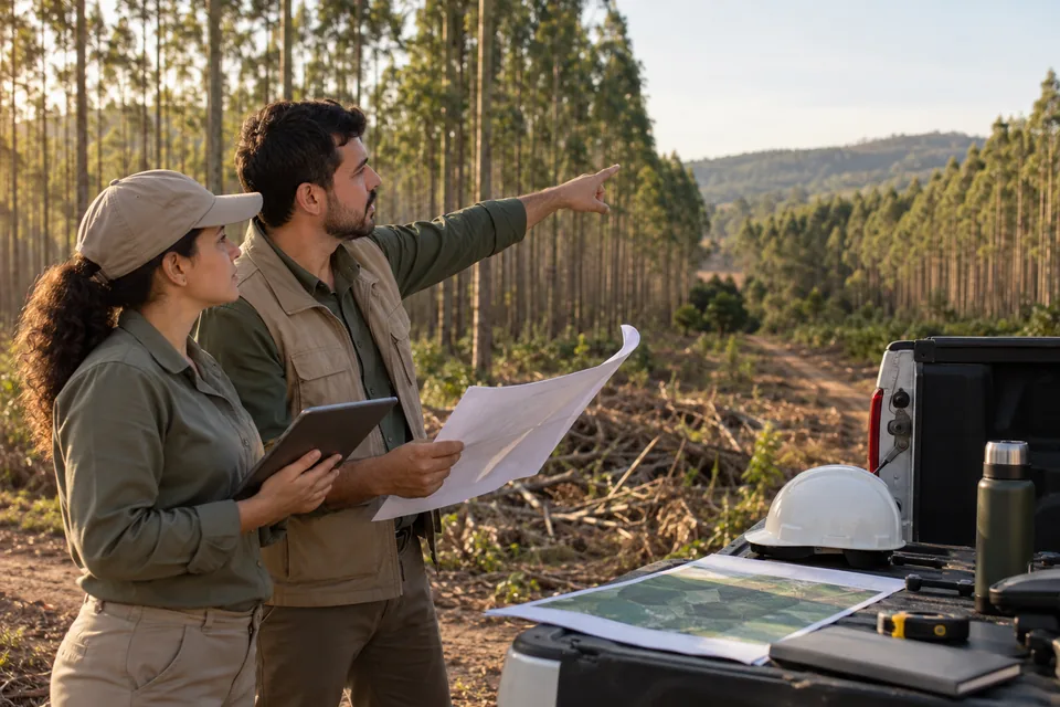 Profissionais observando uma área florestal e conferindo mapas. Ilustração sobre seguro florestal.