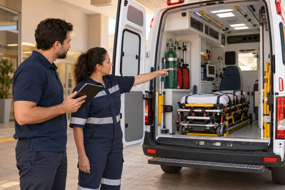 Profissionais examinando o compartimento de atendimento de uma ambulância. Ilustração sobre seguro de ambulância.