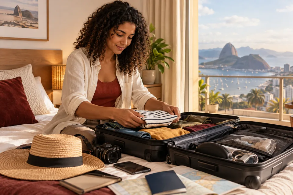 Mulher organizando roupas em uma mala aberta. Ilustração sobre seguro viagem.
