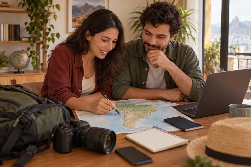 Casal conferindo um mapa junto ao notebook e a uma mochila. Ilustração sobre seguro viagem para América do Sul.