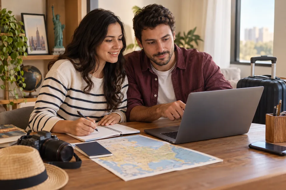 Casal pesquisando informações de viagem no notebook, com mapa e câmera sobre a mesa. Ilustração sobre seguro viagem para Estados Unidos.