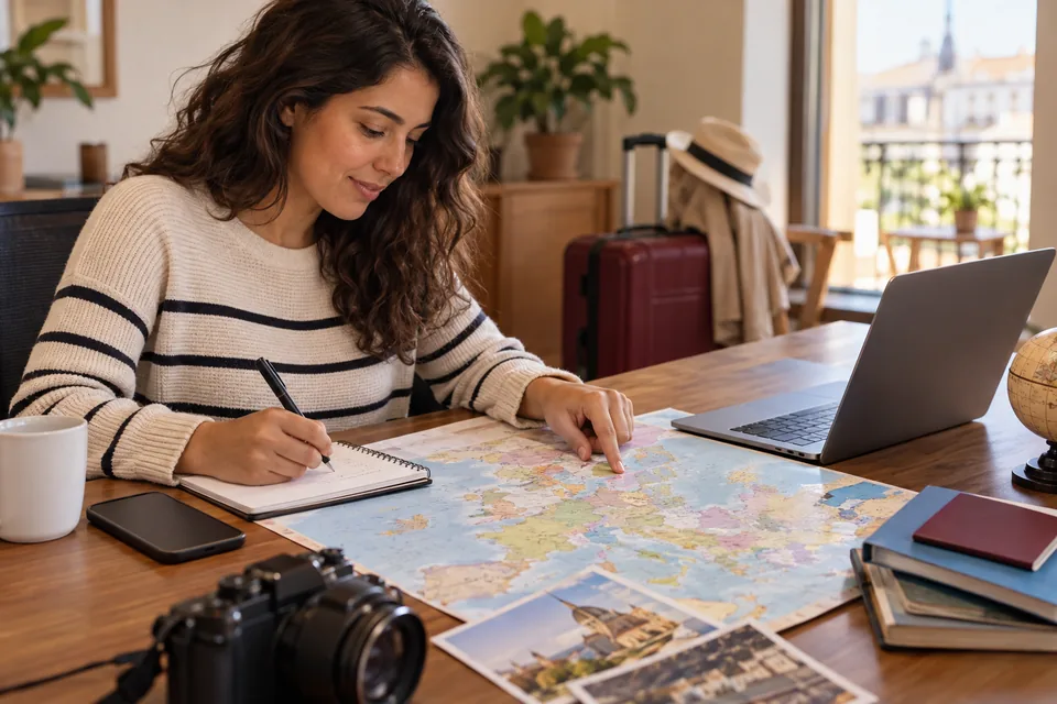Mulher escrevendo em um caderno junto a mapas e cartões de viagem. Ilustração sobre seguro viagem para Europa.