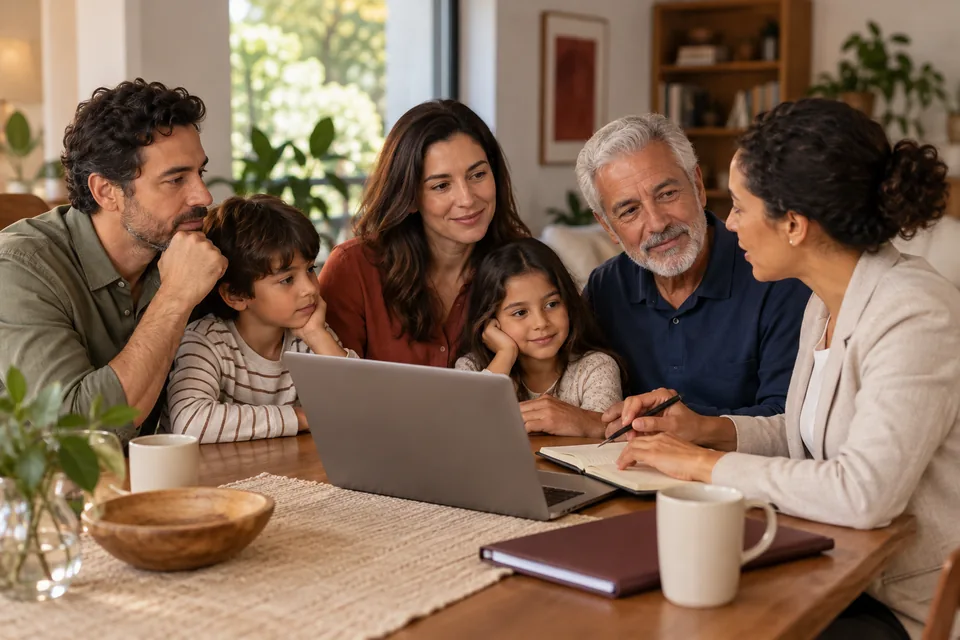 Família de diferentes gerações conversando com uma consultora. Ilustração sobre consultoria em planejamento sucessório.